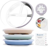 Assiettes divisées en acier inoxydable avec manchon en silicone pour bébés tout-petits Couvercles inclus Assiettes à ventouse pour le dîner