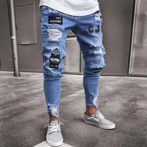 Pantaloni da uomo distrutti distrutti da uomo in stile New Italy patch d'arte Biker Skinny Jeans bianchi pantaloni Slim jeans da uomo in denim