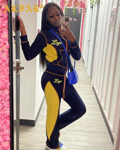 高个子女孩友好休息室2件套定制长袖运动服喇叭裤和拉链华夫饼针织色块女装套装 - Product Image 4