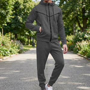 Ensemble de survêtement à capuche pour homme, manches longues, fermeture éclair, couleur unie, vêtements décontractés d'automne, matière respirante en polyester et coton - Product Image 3