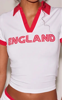 Ensemble deux pièces maillot de football KY Y2K pour femme, haut polo blanc Angleterre avec bordure rouge et mini-jupe, tenue d'été