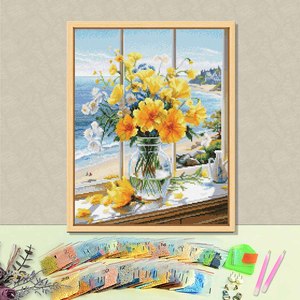 Offre Spéciale Kit de Peinture Diamant 5D DIY Style Fleurs sur le rebord de la fenêtre Peinture Diamant Imprimée en Gros - Product Image 1