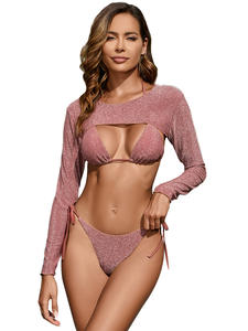 New solid-color two-piece swimsuit for <b>women</b>, sexy European and American style, backless three-piece set, long-sleeve bikini - Product Image 6