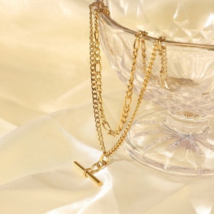 펑크 힙합 14K 골드 스테인레스 스틸 쥬얼리 커브 쿠바 피가로 체인 더블 레이어 Chocker T 모양의 펜던트 목걸이 - Product Image 4