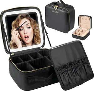 Extrei Gent化妆旅行火车箱带镜面发光二极管灯3可调亮度化妆包便携式储物可调部件