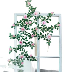 Fu Rao Artificial Rose Vines Silk Flowers <b>Wall</b> <b>Decor</b> Wedding Decoration Bouquet Pink Green <b>Leaves</b> Indoor Outdoor Use - Product Image 2