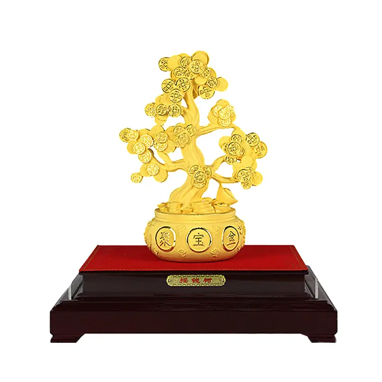 Adorno de oficina chino personalizado de oro real de 24K, regalos de Feng Shui, decoración del hogar, moneda de riqueza de buena suerte, árbol de dinero dorado