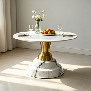 Table basse ronde blanche moderne avec plateau en pierre frittée à veines naturelles et base en pierre multicouche pour salon et hall d'entrée - Product Image 6