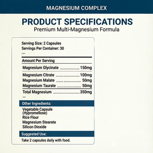 Complejo de Magnesio OEM ODM GMP Halal, 60 Cápsulas, 350 mg por Porción, 4 Formas: Glicinato, Citrato, Malato, Taurato - Product Image 2