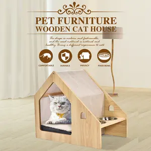 Rumah Furnitur Kucing Kayu Asli Elegan Tempat Tidur Anjing Peliharaan Kayu Luar Ruangan Sarang Hangat Rumah Gua Kucing