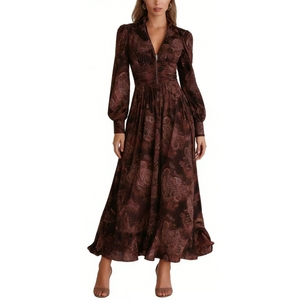 เดรสยาวพิมพ์ลายเพสลีย์สไตล์วินเทจสำหรับผู้หญิง แขนยาว ซิปด้านหน้า ทรงพลิ้วไหว ชุดราตรีแฟชั่น - Product Image 1