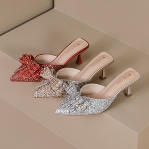 <span class=keywords><strong>Mules</strong></span> à Talons Hauts pour Femmes, Nœud Papillon, Strass Pointus en Cristal, Chaussures Rehaussantes Printemps-Été et Automne - Product Image 6