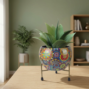 Pot de fleurs en métal émaillé créatif, rond, à motifs colorés, avec support en métal - Product Image 4