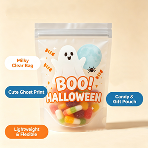 ถุงซิปล็อคพิมพ์ลายผีฮาโลวีน BOO แบบตั้งได้ วัสดุพลาสติกใสเกรดอาหารสำหรับบรรจุขนมและของว่าง - Product Image 2