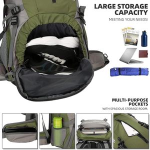 Sac à dos de randonnée 60L avec cadre interne et housse de pluie, sac à dos de trekking en Ripstop, suspension réglable, dos ventilé - Product Image 3