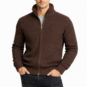 Veste en cachemire et laine pour homme à double <span class=keywords><strong>fermeture</strong></span> éclair en gris foncé, pull bomber en tricot côtelé avec col en fausse fourrure pour vêtements d'extérieur d'hiver de luxe - Product Image 6