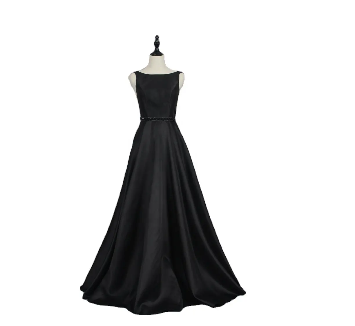 black evening dress A line deep back neck performance skirt annual party host maxi length prom dress