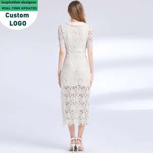 Robes décontractées élégantes pour femmes, style français, à manches courtes, en dentelle, col à revers, coupe ajustée - Product Image 5