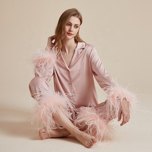 Pantaloni in <span class=keywords><strong>pigiama</strong></span> di alta gamma in seta di ghiaccio completo a maniche lunghe da donna <span class=keywords><strong>con</strong></span> <span class=keywords><strong>polsini</strong></span> staccabili in piuma stile francese - Product Image 5