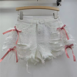 Shorts en jean amples et mignons pour <span class=keywords><strong>femme</strong></span>, taille haute, avec dentelle, pour l'été – Effet amincissant, longs, décontractés et élégants - Product Image 2