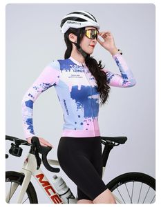 Jersey de Ciclismo de Invierno para Mujer con Logotipo Personalizado, Diseño Abstracto y Patrón de Curvas Degradadas, Cierre Completo, Manga Larga, para Bicicleta de Carretera y MTB - Product Image 3