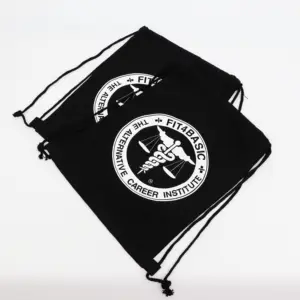 Bolsa de lona de algodón negra personalizada respetuosa con el medio ambiente, mochila con cordón de almacenamiento, bolsas con impresión de logotipo