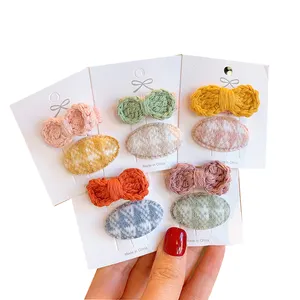 new arrive woolen crochet bow snap barrette baby plaid bobby pin cute oval shape hair clip set wholesale kids ornament