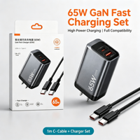 Charger GaN Hitam 65W Berkualitas Tinggi Laris Manis, Dual Output untuk Ponsel Tablet, Pengalokasi Daya Cerdas untuk Pengisian Cepat dan Aman
