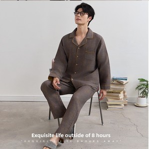 Ensemble de pyjama pour homme en gaze double couche teinte en fil 100% coton, uni, minimaliste, respirant, manches longues, printemps/<span class=keywords><strong>automne</strong></span>/été - Product Image 4