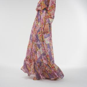 Ensemble deux pièces OEM pour femmes, col mandarin, manches longues, imprimé floral, robe longue en mousseline de soie pour femmes - Product Image 6