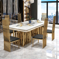 Ensemble de table à manger rectangulaire en marbre avec cadre en acier inoxydable doré de luxe pour mariage, salle à manger à domicile, meubles