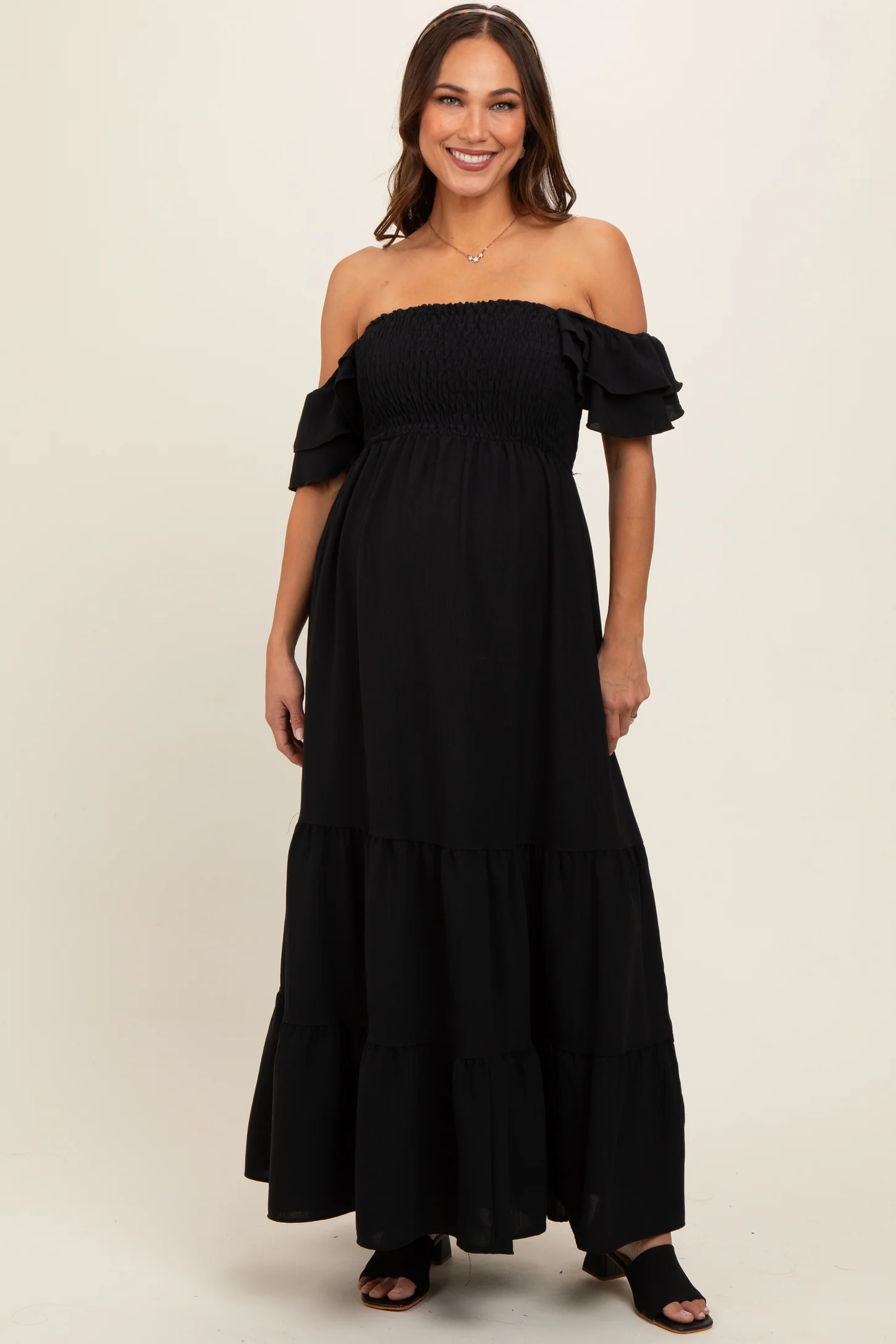Smocked Ruffle High Fashion Maternity Dress Off Shoulder Tiered Fashionable  Maternity Dresses| Alibaba.com