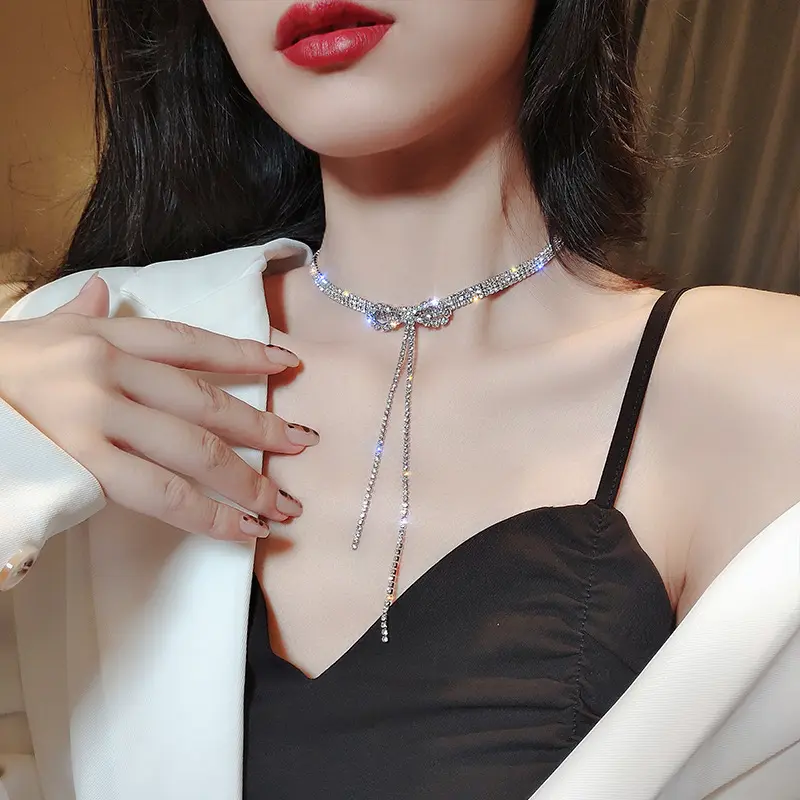 High Quality Necklace Sparkling Zircon Rhinestone Crystal Jewelry Necklace Choker Layered Y-Shapaed Tennis Bow Necklace Choker