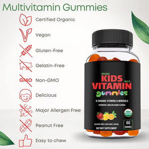 Complément alimentaire multivitaminé en gommes pour enfants et adolescents, biologique, soutien immunitaire et digestif, 12 vitamines et minéraux, fraise, citron, orange - Product Image 4
