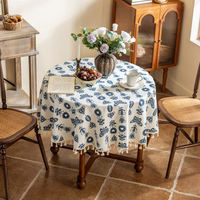 Nouvelle arrivée, nappe en coton et lin à imprimé papillon bleu champêtre, bordure à franges, décoration rustique, couvre-table pour la maison