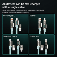 Kabel Pengisian Daya Cepat 4-in-1 Multi Fungsi USB/iOS 240W dengan Pengisi Daya dan Layar LED, Berlapis Karet Silikon Cair yang Lembut