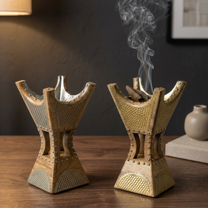 Quemador de incienso de sándalo hecho a mano con diseño de incrustaciones metálicas para uso aromático, soporte de incienso de madera estilo indio. - Product Image 1