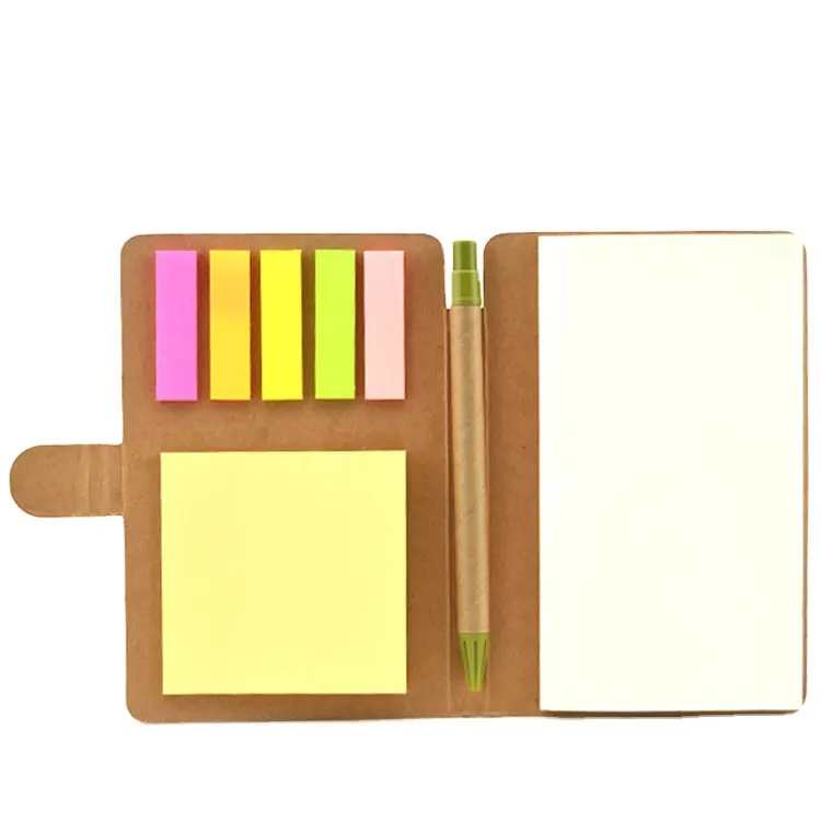 High quality Eco friendly hard cover CMYK printing recycled kraft cover A5 notebook with sticky note and pen