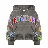 Sweat-shirt à capuche zippé pour homme personnalisé, broderie florale, strass, streetwear, fournisseur OEM ODM, fabricant de vêtements