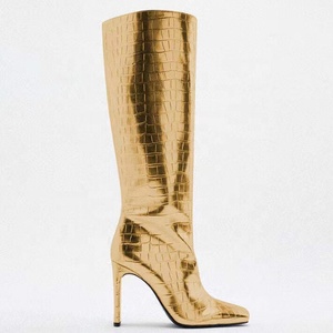 Stylish Women's Long Boots Thick Heels Square Toe Fashion Knee High Booties Animals Pattern Gold Silver <b>Shoes</b> - Product Image 4