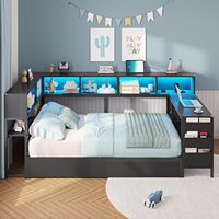 Cadre de lit moderne noir à plateforme en métal de taille double avec station de charge et bibliothèque de rangement pour bureau à domicile ou salle de bain