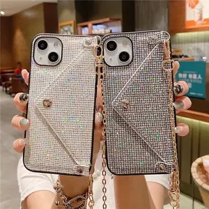 Mode Glitter Luxe Bling Portemonnee Mobiele Telefoon Case Met Kettingriem Met Kaarthouder Voor Iphone 15 14 13 12 11pro Max