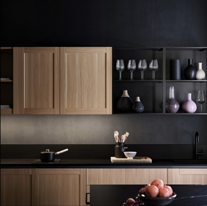 Ensembles d'armoires de cuisine minimalistes en <span class=keywords><strong>bois</strong></span> grainé <span class=keywords><strong>noir</strong></span> mat style Shaker, design contemporain sans poignées, armoires de garde-manger avec îlot - Product Image 3