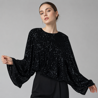 Sweat-shirt court noir à sequins pour femme, manches chauve-souris longues, col rond, ourlet froncé élastique, style streetwear automne, doublé, sexy, pour club