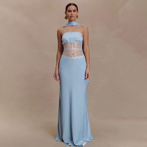 Vestido de noche sin tirantes con panel de encaje transparente, cintura natural, vestido largo para banquetes y citas. - Product Image 4