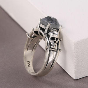 Anillo de cóctel Skeleton para hombre, plata 925, ónix negro, engaste redondo con puntas, regalo, anillos de moda - Product Image 5