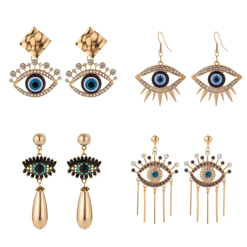 2021 Fashion Jewelry Colorful Crystal Rhinestone Bar Tassel Drop Charm Turkish Blue Evil Eye Earrings Gold Plated