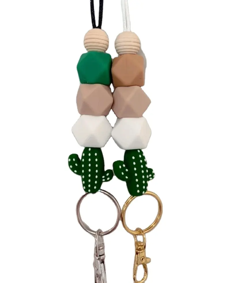 Boho Hot Koop Leuke Custom Desert Cactus Succulent Hout En Siliconen Kraal Polsbandje Sleutelhanger Leraar Lanyard Badge Holder Geschenken