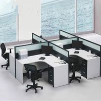 Escritorio de Oficina en Forma de L para 4 Personas, con Partición de Vidrio Esmerilado y Cajones de Almacenamiento