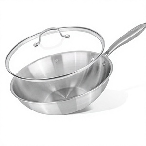 Wok Triple de Acero Inoxidable con Tapa de Vidrio, Sin Recubrimiento, Mango de Acero Inoxidable, Utensilios de Cocina - Product Image 1